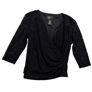 R&K Evening Black Glitter Lace Faux Wrap Top Womens Size M Evening Party